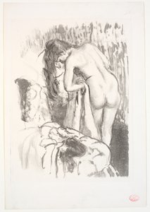 Donna nuda in piedi alla sua toilette