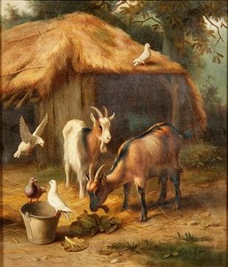 Capre e colombe in un cortile di fattoria da Edgar Hunt