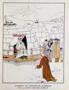 Guglielmo Rubruck (c.1200-c.1256) davanti al capo tartaro Mangu nel 1251, da "A la Conquete du Monde Paien" di Georges Goyau (1869-1939) 1933 (litografia a colori)
