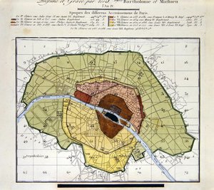 (dettaglio) Atlas du Plan General de la Ville de Paris, mostrando le diverse aggiunte storiche alla città da Edme Verniquet