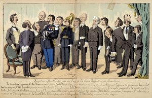 Caricatura sulla società francese di Lavrate: le diverse figure del servizio civile, servizi amministrativi... a una reception ufficiale. 1880 da Edmond Lavrate