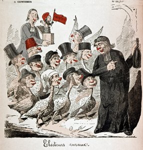 Elettori rurali: elettori rappresentati come oche e attratti da un prete con alcol - disegno di Lavrate da Edmond Lavrate