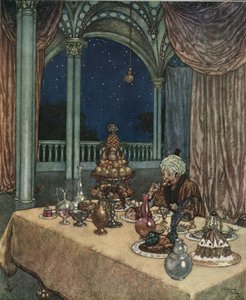 La Bella e la Bestia: Il padre di Belle arriva al castello e scopre una tavola piena di cibarie, c.1910 da Edmund Dulac