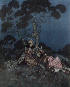La bella e la bestia: la Bella spaventata dalla Bestia giace vicino a lei, c.1910 da Edmund Dulac
