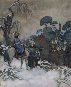 La bella e la bestia: la Belle, avendo accettato di prendere il posto del padre prigioniero della Bête per liberarlo, si dirige verso il castello, c.1910
