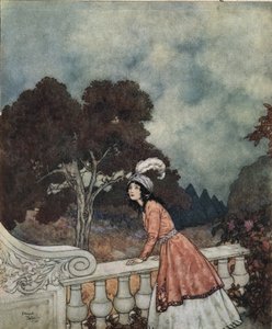 Barbablù: La giovane moglie di Barbablù, Fatima, chiede a sua sorella Anne se vede i suoi fratelli dalla torre, c.1910 da Edmund Dulac