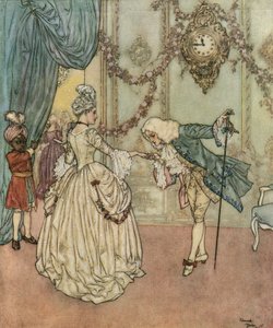 Cenerentola: La giovane Cenerentola va al ballo grazie alla sua fata madrina e incontra il principe che le bacia la mano da Edmund Dulac