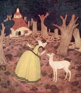 "Giroflee ringraziò la Fata e andò lontano nel bosco; e lì, certo, vide una capanna e una vecchia seduta fuori", illustrazione dalla fiaba francese La Cerva del Bosco, dal Libro delle Fiabe di Edmund Dulac: Fiabe delle Nazioni Alleate