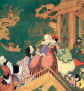 "Laideronnette baciò e abbracciò la buona Fata Protettiva", illustrazione dalla fiaba francese Il Serpente Verde, dal Libro delle Fiabe di Edmund Dulac: Fiabe delle Nazioni Alleate, pub.1916