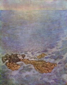 Ancora una volta guardò il principe, con gli occhi già offuscati dalla morte, poi si gettò in mare e cadde, il suo corpo si dissolse in schiuma, illustrazione da 