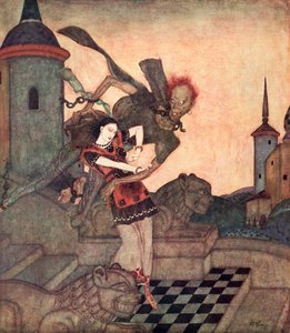 "Il principe, guardando fuori, lo vide afferrare la principessa e volare via rapidamente", illustrazione dalla fiaba serba La storia di Bashtchelik, dal libro delle fiabe di Edmund Dulac: Fiabe delle nazioni alleate, pub.1916 da Edmund Dulac