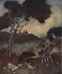 La bella addormentata: le torri del castello della principessa appaiono sopra gli alberi da Edmund Dulac