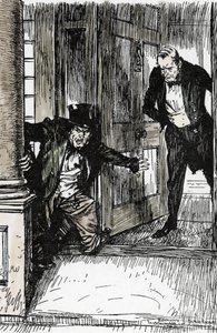 Dr Lanyon apre la porta e scopre Mr Hyde vestito con abiti troppo grandi, illustrazione di Edmund Joseph Sullivan per il romanzo L