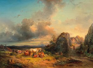 Gregge di animali e figure davanti a un ampio paesaggio da Edmund Mahlknecht