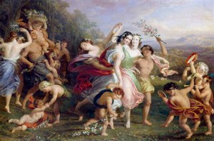 "Matinee de mai" Danza e girotondo di figure del bosco, bambini inghirlandati di fiori. Dipinto di Edmund Thomas Parris (1793-1873) 1859