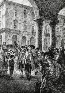 Incontro sotto i portici di Torino, illustrazione per La tempesta, Satet, Torino da Edoardo Calandra