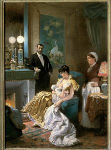 Prima del ballo Una madre in abito da sera allatta il suo bambino prima di uscire con il marito e lasciare il bambino alla domestica. Dipinto di Edouard Debat Ponsan (1847-1913). 1886. Museo delle Belle Arti Tours da Edouard Debat Ponsan