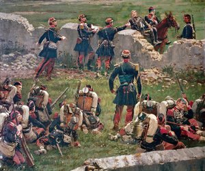 Sera della battaglia di Rezonville Gravelotte. Granatieri della Guardia Imperiale a riposo, 16 agosto da Jean Baptiste Edouard Detaille