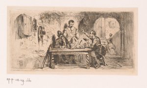 Tre soldati a un tavolo in un cortile, uno di loro legge un libro da Edouard Hamman