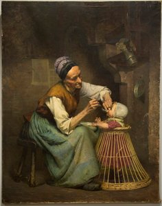 Una vecchia donna nutre la sua nipotina tenuta in un girello di vimini da Edouard Jerome Paupion