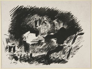 Sotto la lampada, prima illustrazione della traduzione di Mallarmé di «Il corvo» di Poe da Édouard Manet