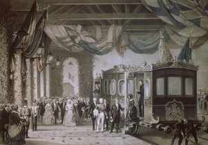La regina Vittoria (1819-1901) e il principe Alberto (1819-61) arrivano alla stazione di Gosport, Hampshire, inciso da Bayot & Cuvilier, 1846 da Edouard Pingret