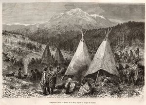 Un campo indiano, nel territorio dello Utah, sulle rive del Riviere Verte. Incisione dal disegno di E. Riou, per illustrare la storia La conquête blanche, di William Hepworth Dixon, nel 1875, pubblicato in "Le tour du monde" 1876, a cura di Edouard Charton da Edouard Riou