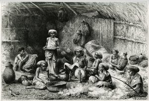 Un pomeriggio dalla favorita dello sceicco dei Gobrons, attività femminili: ricamo e filatura della lana, vimini e ceramica. Incisione di Riou, per illustrare il racconto “Viaggio tra i Benadir, i somali e i Bayoun”, nel 1882-1883, di Georges Rev da Edouard Riou