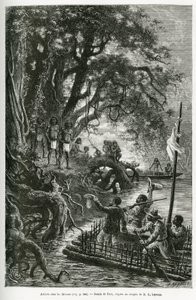Arrivo della zattera del Dr. Crevaux e E. Lejeanne, sulle rive che costeggiano il villaggio di Mitouas. Incisione di Riou, per illustrare il viaggio di esplorazione attraverso la Nuova Granada e il Venezuela, del Dottor Crevaux, medico di prima classe dell da Edouard Riou