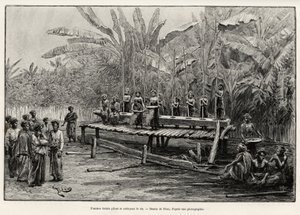 Donne Batak, gruppo etnico del nord di Sumatra, che pestano e puliscono il riso. Incisione di Riou per illustrare la storia "un anno in Malesia", di Jules Claine (1856-1939)