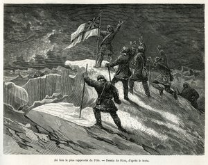 Il Capitano George Strong Nares (1831-1915) piantò la bandiera britannica nel punto più vicino al polo, disegno di Riou, per illustrare la storia di un viaggio al mare polare nel 1875-1876, del Capitano G. S. Nares. Incisione in Le tour du monde. da Edouard Riou