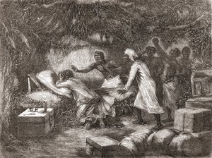 Morte del Dr. Livingstone nel villaggio di Tchitammbo, Africa, nel 1873, illustrazione da "Il mondo nelle mani", pubblicato nel 1878 da Edouard Riou