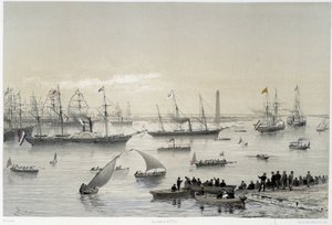 Ingresso del Sovrano nel Canale di Suez a Port Said in "Inaugurazione del Canale di Suez" di G. Nicole. 1869 da Edouard Riou