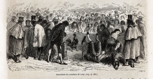 Combattenti, si radunano ogni domenica intorno alla cancha de gallos (circo di 30 piedi di circonferenza) per assistere ai combattimenti mortali degli animali, a Cuzco, disegno di Riou, per illustrare il viaggio attraverso il Sud America, dal 1848 al 1860  da Edouard Riou