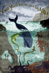 Frontespizio per il romanzo di Jules Verne "Ventimila leghe sotto i mari" (1870), incisione, documento colorato da Edouard Riou