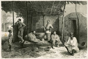 Installazione della missione a Nango, per un soggiorno di 10 mesi, con ritratti di Gallieni e dei suoi capitani Valliere e Pietri, del Dottor Tautain e dei suoi interpreti, guida e cantiniera. Incisione di Riou, basata su uno schizzo dell