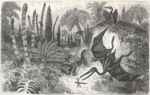 Paesaggio del periodo Liasico. Illustrazione che raffigura un Pterodattilo