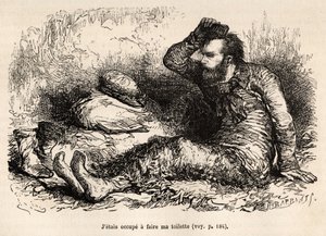 Il tenente Tyson occupato nella sua toilette mattutina, un pettine prima di indossare gli stivali, inciso dopo un disegno di E.Riou, illustrando la storia della Polaris, zattera di ghiaccio, del tenente Tyson, nel 1870-1873, pubblicato in 