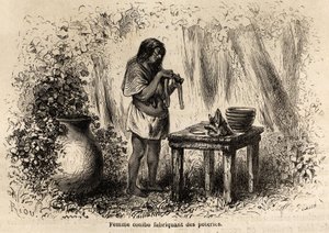 Fabbricazione di ceramiche da parte di un indiano Conibo del Perù, disegno di Riou per illustrare il viaggio, dal 1848 al 1860, di P. Marcoy, dall