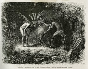 Fumigazione medica con sigarette negli indiani Roucouyan. Incisione di Riou, per illustrare la storia di Cayenne aux Andes, di Jules Crevaux, medico della marina francese, nel 1878-1879, pubblicato nel Tour du monde, sotto la direzione di Edouard Charton