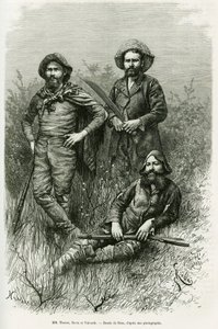 Membri della spedizione: Mr. Thouar (sdraiato), Mr. Novis (in piedi a sinistra) e Mr. Valverde (in piedi a destra) (incisione) da Edouard Riou