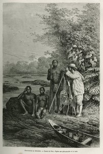 Osservazione al teodolite, Dr. Crevaux con i suoi strumenti di misurazione e il suo team di guide e portatori, in piena sessione di lavoro, incisione da un disegno di Riou, per illustrare la storia De Cayenne aux Andes, di Jules Crevaux, medico della marin da Edouard Riou