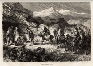 P.Marcoy trova un amico, diventato colonnello del genio e postato in una grotta vicino al lago di Cailloma, insieme ricevono la visita dei notabili della città, inciso da un disegno di E.Riou, illustrante il viaggio nelle montagne, la valle di Huarancalqui da Edouard Riou