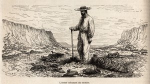Paul Marcoy esumando mummie Inca (Basso Perù), incisione di E.Riou illustrante il viaggio nelle montagne, la valle di Huarancalqui e le regioni di Pjonal, dal 1862 al 1863, di Paul Marcoy, pubblicato in "Le tour du monde" 1875, a cura di Edouard Charton da Edouard Riou