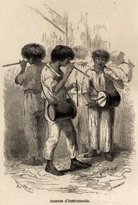 Suonatori di strumenti musicali a Sarayacu (Perù), disegno di Riou, per illustrare il viaggio di Paul Marcoy dall