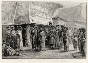 Giocare con ornamenti auricolari per ragazze Batak, gruppo etnico del nord di Sumatra. Incisione di Riou per illustrare la storia "un anno in Malesia", di Jules Claine (1856-1939)
