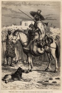 Ritratto di un mercante arabo, che porta le sue merci (agnelli, pollame...) sul suo cavallo, al mercato; i prodotti sono presentati in cesti o su stuoie a terra, incisione da un disegno di E.Riou, illustrando il viaggio a Tlemcen (Algeria), di E. de L