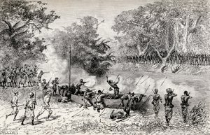 La spedizione di soccorso di Emin Pasha di Sir Henry Morton Stanley attaccata dai cannibali Avisibba con frecce avvelenate, 1890 da Edouard Riou