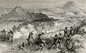 Il primo incontro di Sir Henry Morton Stanley con il popolo Mazamboni, 1890 (incisione su legno) da Edouard Riou