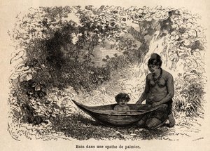 Il bagno del bambino in una foglia di palma. Disegno di Riou, per illustrare il viaggio dall